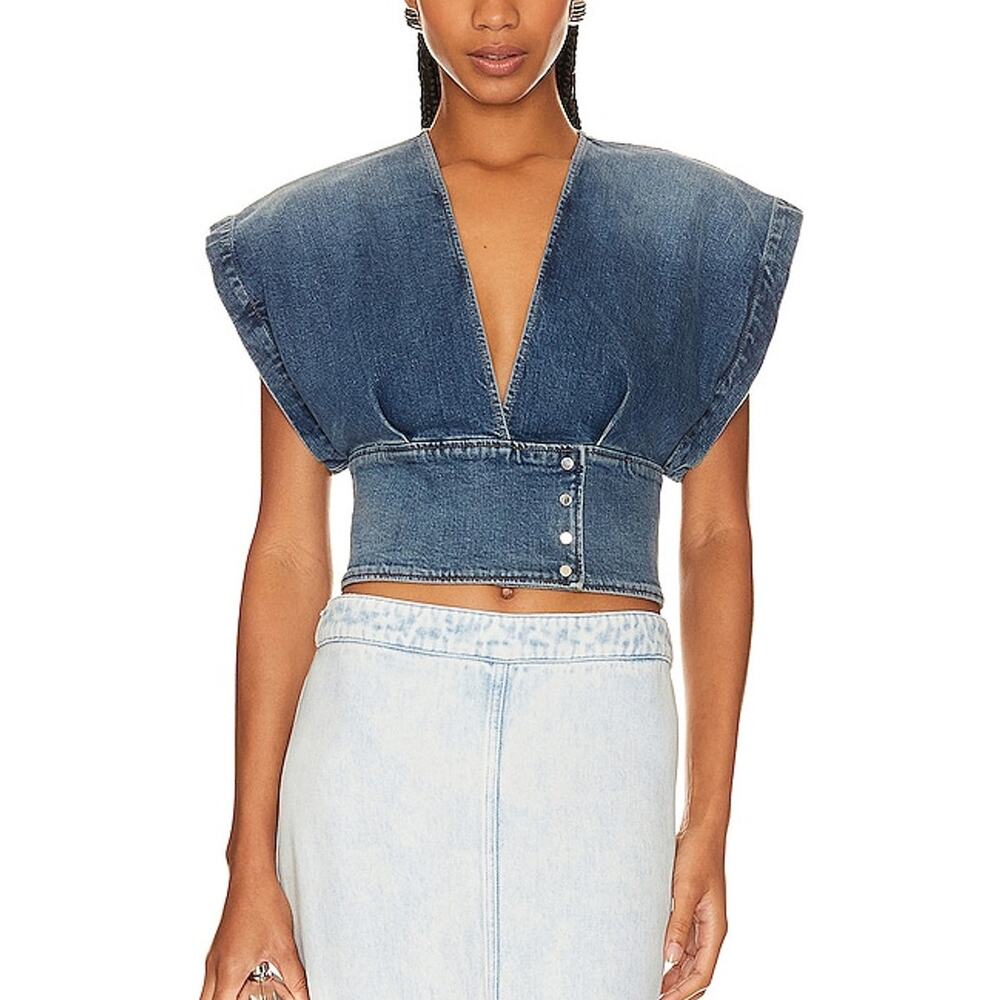 IRO Blue Denim Structured V-Neck Crop Top